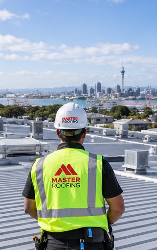 Master Roofing inspector in hi-vis assessing a commercial roof