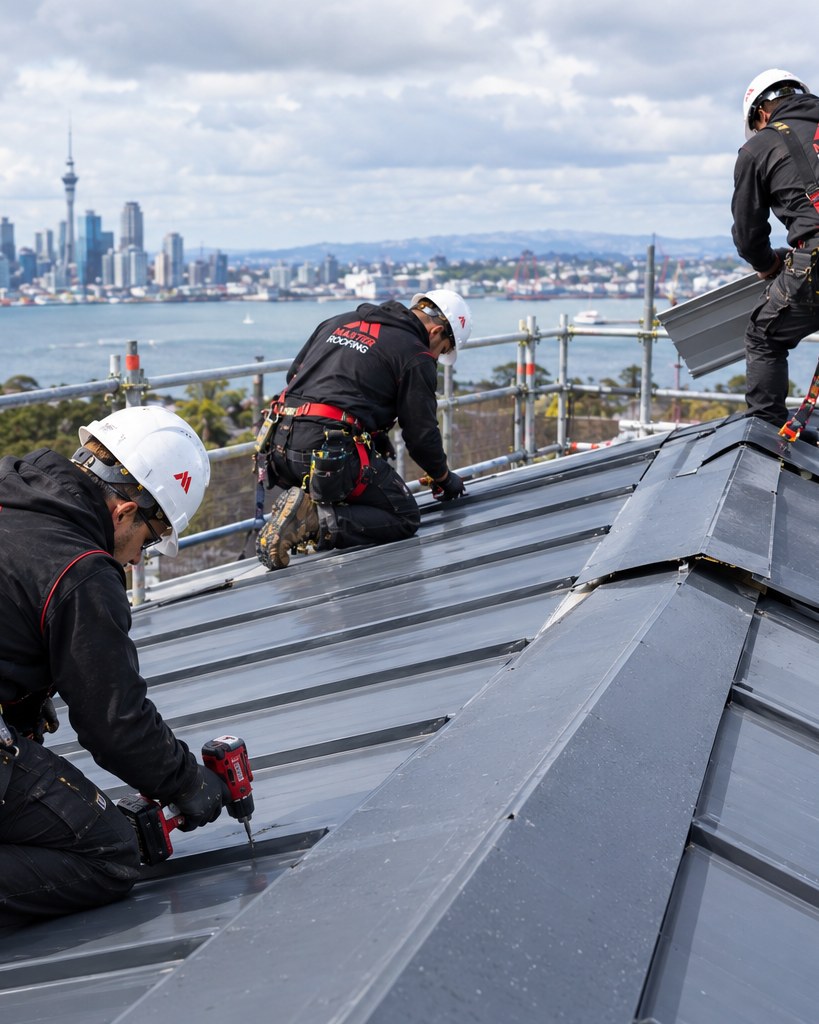 Master Roofing crew repairing a metal roof above Auckland harbour